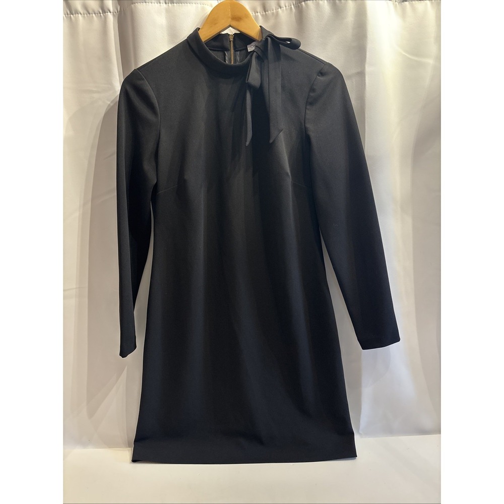 Calvin Klein Women's Dress 6 Black Mock‎ Bow Neck Shift Long Sleeve Knee Length
